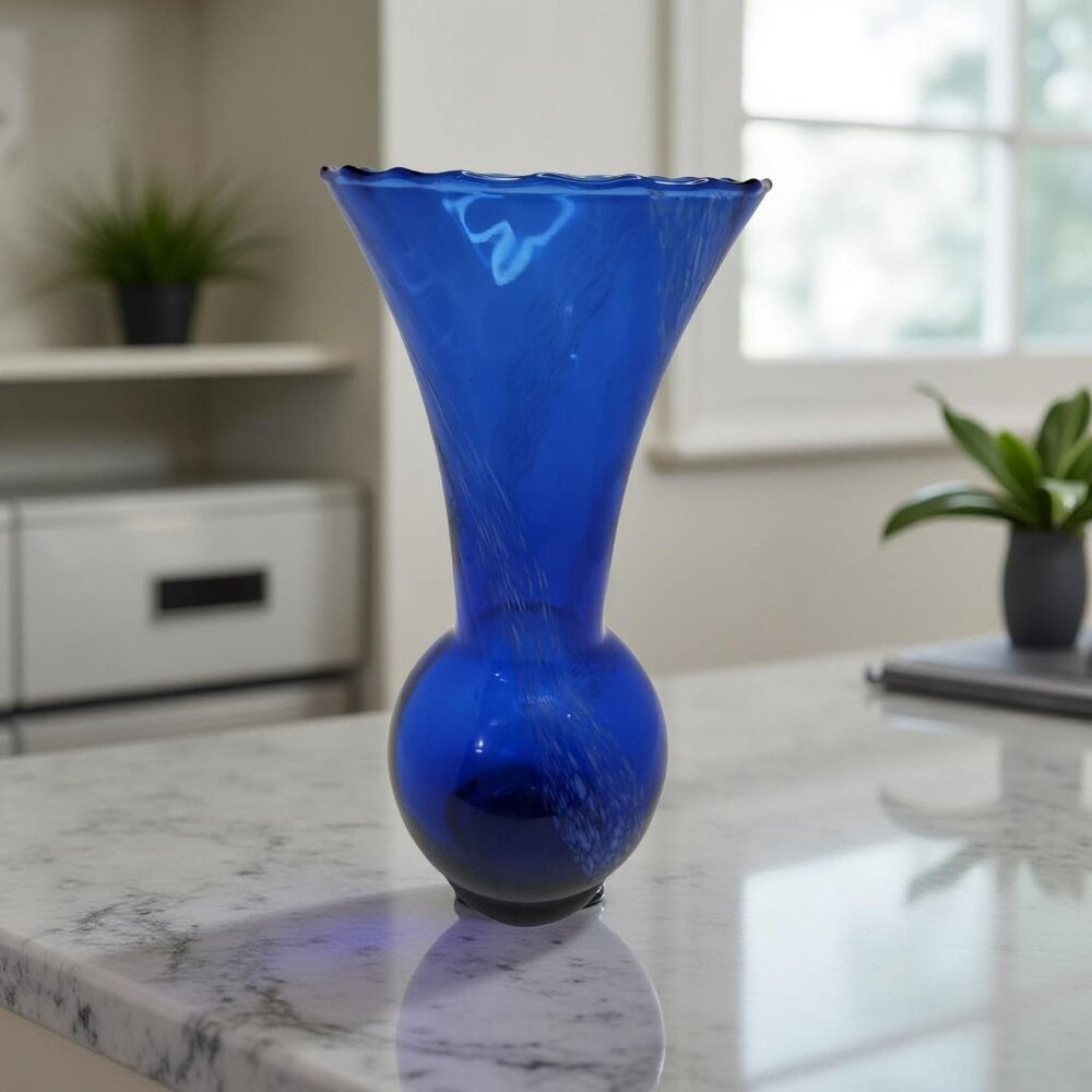 Vintage Cobalt Blue and white swirl hand blown art glass vase.